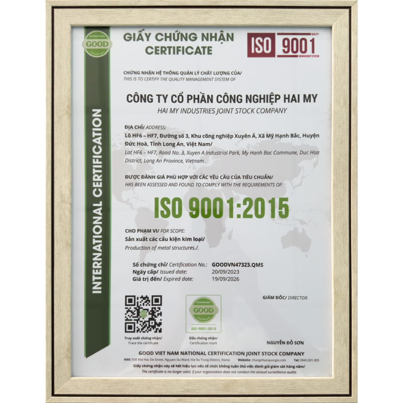 Chứng nhận ISO 9001 : 2015 Công ty Cổ phần Công nghiệp Hai My